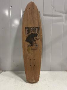 Ten Eighty Cruiser Skateboard, Maple 27"x7.5", Vintage Bear Graphic, Black Wheels, Retro Shape