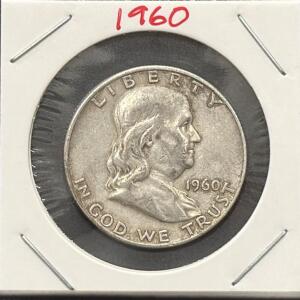 1960-D Franklin Half Dollar, 90% Silver, Denver Mint, Circulated, Liberty Bell Reverse