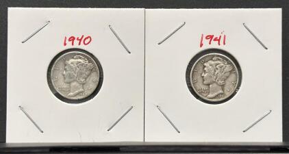 1940 & 1941 Mercury Dimes, 90% Silver, Circulated, Winged Liberty Head, US Coins