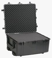 (1) MEIJIA Portable Waterproof Protective Hard Case W/ Retractable Pull Handle & Rolling Wheels,Customizable Fit Foam Inserted,Elegant Black, 33.43"L X 28.39"W X 17.64"T - 3