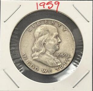 1959-D Franklin Half Dollar 90% Silver, Denver Mint, Circulated, Liberty Bell Design