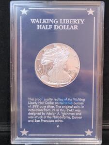 .999 Silver Proof Replica Walking Liberty Half Dollar by SSCA 1996, COPY Marked
