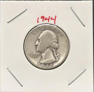 1944-D Washington Quarter, 90% Silver, Denver Mint, Circulated, Eagle Reverse