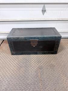 Vintage Metal Storage Chest with Embossed Detailing, Approx. 36" x 15" x 15"