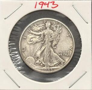 1943 Walking Liberty Half Dollar 90% Silver Coin, Circulated, US 50c, Adolph Weinman Design
