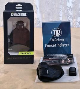(1) Blackhawk Stache IWB Base Kit For Glock 19, 23, 32 & 45 Pistols Equipped W/ A Streamlight TLR-7 Or TLR-8 Weapon Light & (1) Tac Defense Pocket HolsterFor S&W Bodyguard 2.0 & Other Mini / Micro Pistols