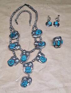 (1) 4-Piece Navajo Squash Blossom Sterling Silver & Turquoise Set W/ Necklace, Ring & Pair Of Earrings, Signed Delgarito