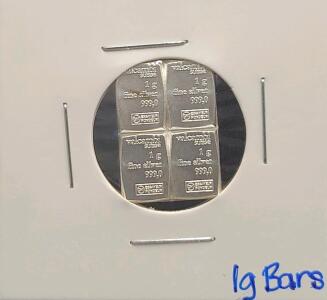 Valcambi Suisse 1g Silver Bars &ndash; 999 Fine Silver, Set of 4, Swiss Minted