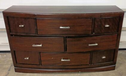 7-Drawer Dark Brown Curved Front Dresser, 64" W x 18.25" D x 38" H