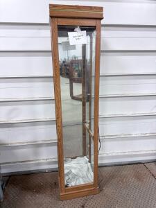Tall Glass Curio Cabinet with Mirror Back, Oak Finish, Built-In Light, 70"x16"x12"