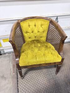 Vintage Barrel Cane Back Chair, Tufted Velvet, Wood Frame, Olive Upholstery, 25"x24"x29"