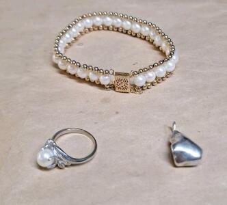 (1) 14K Gold & Pearl Ring, Stamped 14K CTR, Unable To Verify Pearl, (1) Sterling Silver Nugget Pendant & (1) Gold & Pearl Bracelet, Unable To Verify