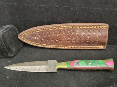 Damascus Fixed Blade Knife 4" Blade, Multicolored Wood Handle, Brass Guard, Tooled Leather Sheath
