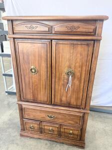 Traditional Wood Armoire Cabinet, 2 Doors, 5 Drawers, Brass Hardware, 36x18x54 in