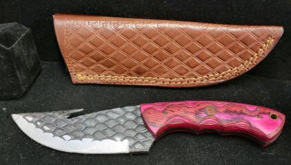 Custom Fixed Blade Hunting Knife, Gut Hook, Patterned Blade, Red/Purple Handle, Tooled Sheath
