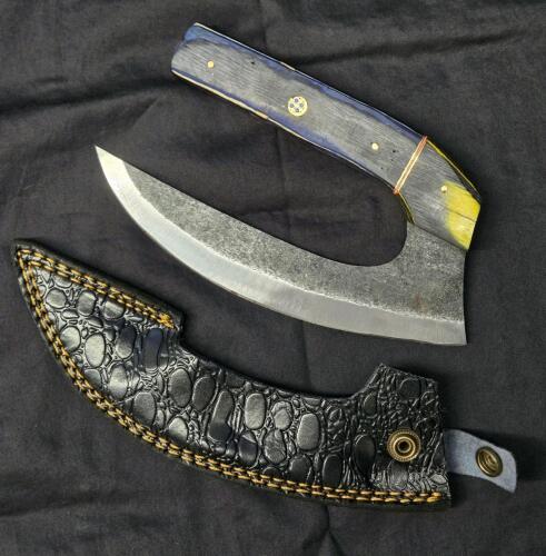Beautiful Ulu Knife, Carbon Steel Blade, Dyed Wood Handle, Tooled Leather Sheath, Snap Button Close