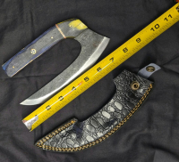 Beautiful Ulu Knife, Carbon Steel Blade, Dyed Wood Handle, Tooled Leather Sheath, Snap Button Close - 2