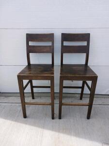Pair of Solid Wood Bar Stools with Ladder-Back, 42" Tall, Dark Brown, Distressed Finish (Zone-2)