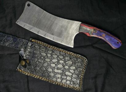 Colorful Damascus Steel Cleaver Knife, Dyed Wood Handle, Leather Sheath