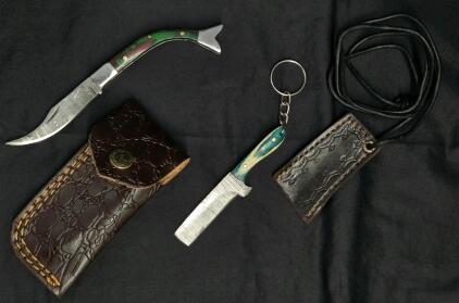 Unique Damascus Curved Folding Knife & Mini Cleaver Keychain Set w/ Embossed Leather Sheaths