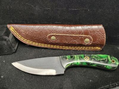 Custom Fixed Blade Knife with Resin Handle, Mosaic Pin, and Leather Sheath
