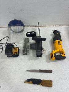 LIVOWALNY brand cordless chainsaw designed to be powered by DeWalt 20V Batteries, DeWalt 20v battery with charger. DEWALT 20V MAX Cordless Reciprocating Saw, model DCS380B, Blade,Safety face shield and hand made clip point knife. All tested and work
