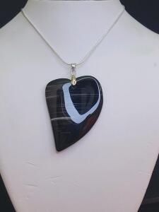 64.80ct Natural Black Onyx Agate Heart Pendant 24" Necklace