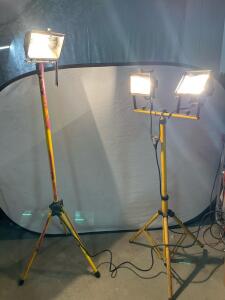 Halogen Work Lights on Adjustable Tripods, 500W Lamps, 1 and 2-Head Units, UL Listed