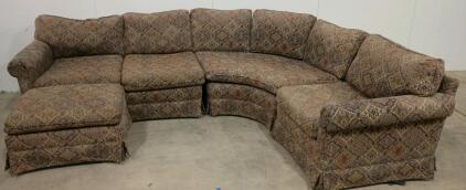 Earth Tone Patterned 4-Piece Sectional Sofa with Ottoman, Rolled Arms, Skirted Base, Seats 6, 10ftx7ft