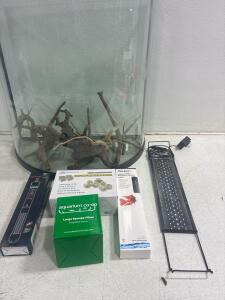 30 Gallon Bow Fronf Aquarium,HITOP HP-608 100W Aquarium heater. Aquarium Display pieces (6) Aqueon 300w Submersible Aquarium Heater, LED Aquarium Light. 2Lbs CERAMIC BIOFILTER RINGS, Aquarium Co-op Large Sponge Filter.