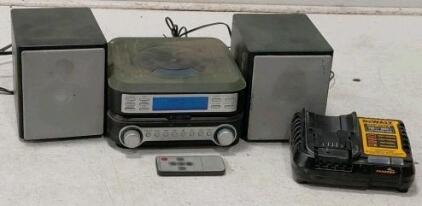 DeWalt Battery Charger (Turns On) and GPX Micro Hi-Fi System With CD & Radio (Turns On)