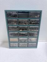 Small Parts Organizer Cabinet with 15 Drawers, Assorted Hardware, Labeled Clear Plastic Bins