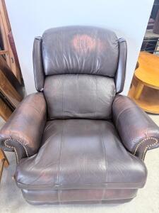 Brown Leather Recliner Armchair, Manual, Nailhead Trim, Rolled Arms, 40"W x 42"H Approx