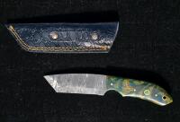 Green And Gold Tone Damascus Fixed Blade Knife, Resin Handle, Mosaic Pin, Sheath, Utility/Hunting