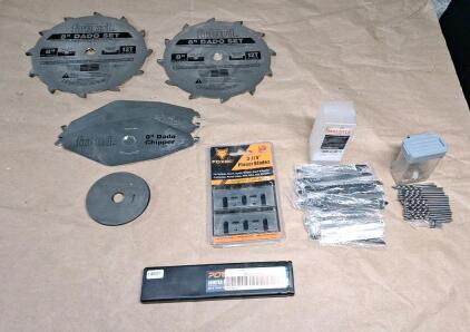 (1) 5-Piece Freud 8" Dado Blade Set, (1) 2-Piece Joiner Blade Set, (1) 2-Piece Joiner Blade Set, (40) Assorted Jig Saw Blades & (45) Small Drill Bits