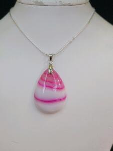34.75ct Natural Pink Striped Agate Teardrop Gemstone 24" Necklace