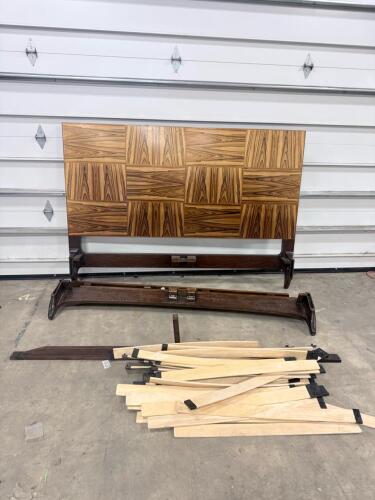 Mid-Century Modern Wood Bed Frame, Geometric Headboard, Platform Slat System, Queen/King Size