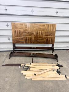Mid-Century Modern Wood Bed Frame, Geometric Headboard, Platform Slat System, Queen/King Size