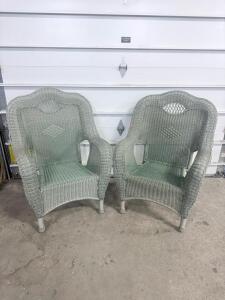Pair of Victorian-Style Wicker Armchairs, Painted Rattan, Light Gray, 39" Tall