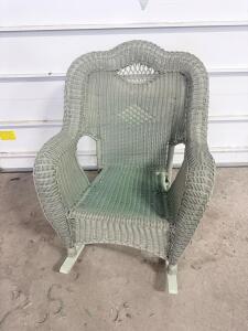 Vintage Wicker Rocking Chair, Pale Green, Woven Rattan, 30"x26"x40", Armrests