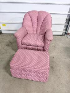 Pink Channel Back Armchair with Matching Ottoman, Vintage Woven Fabric, 34"x33"x38" Chair