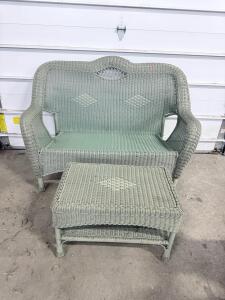 Wicker Patio Loveseat & Ottoman, Light Green/Gray, Traditional Style, Indoor/Outdoor Use