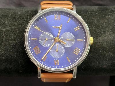Timex TW2R29100 Analog Wristwatch, 41mm Brass Case, Blue Dial, Brown Leather Strap