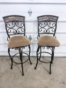 Pair Metal Bar Stools with Upholstered Seats, Decorative Tile Back, Swivel, 30" Seat Height