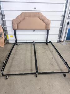 Full Metal Bed Frame with Scalloped Upholstered Beige Headboard, Casters Included