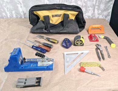 (1) Kreg Pocket-Hole Jig K4 System, (1) Massca Twin Pocket Hole Jig Set, (1) Dewalt Tool Bag & Assorted Hand Tools