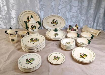 (45) Assorted Pieces Of Vintage Metlox Poppytrail Ceramic Dinnerware, California Provincial (Rooster) Pattern