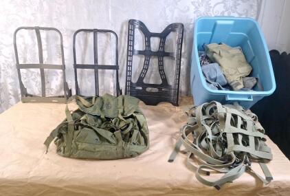 (1) US Army Field Pack, (2) Alice Pack Frames, (1) Molle II Pack Frame & Tub Of Assorted Military Surplus Gear