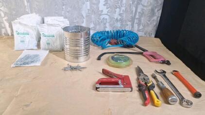 (19) 100-Count Bags Of 1/2" Lock Washers, (1) Can Of 300+ 3" Deck Screws & Assorted Hand Tools