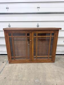 Mission Style Wall-Mounted Oak Display Cabinet, Glass Panel Doors, 48"x36", Vintage